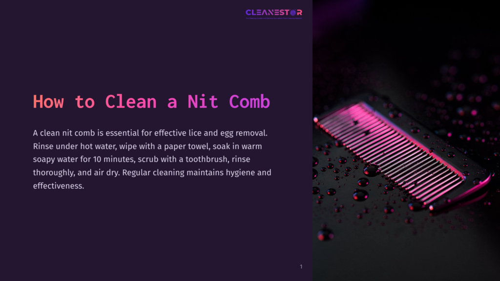 1 How To Clean A Nit Comb A Black Nit Comb With Pink Highlights Rests On A Dark, Wet Surface, With Water Droplets Scattered Around It. The Text &Quot;How To Clean A Nit Comb&Quot; Is Overlaid On The Left Side Of The Image.