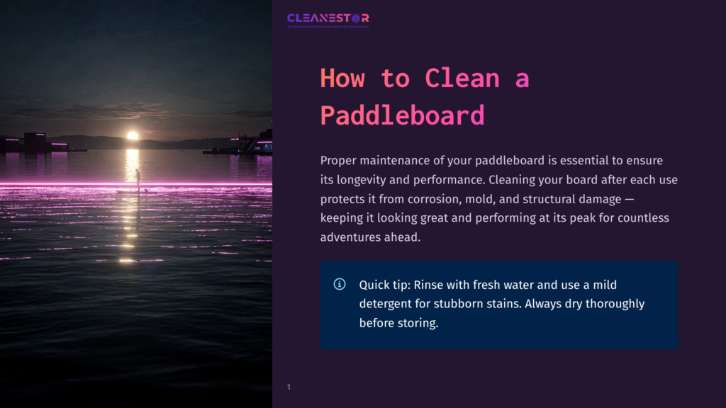 Cleanestor Logo Above Text &Quot;How To Clean A Paddleboard&Quot; On A Dark Background, With A Serene Sunset Scene Of A Person Paddleboarding On Calm Water Reflecting Neon Pink Lights.