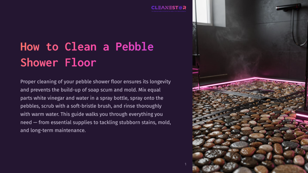 A Close-Up View Of A Clean Pebble Shower Floor With Pink Led Lighting, Showing Smooth, Wet Stones And A Drain. Text Overlay Reads &Quot;How To Clean A Pebble Shower Floor&Quot; And &Quot;Cleanestor&Quot;.