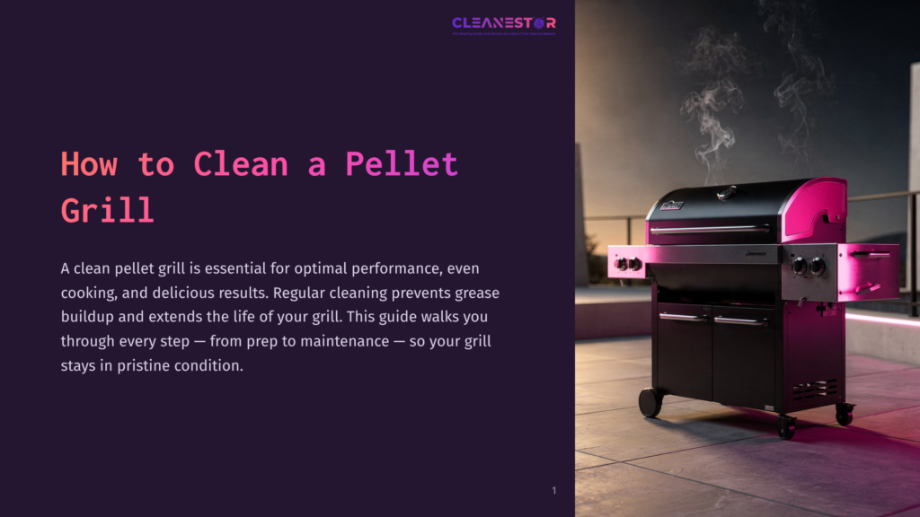 A Dark, Modern Pellet Grill With Smoke Rising From The Top Sits On A Patio At Dusk, Illuminated By Purple And Pink Lights. The Text &Quot;Cleanestor&Quot; And &Quot;How To Clean A Pellet Grill&Quot; Is Visible On The Left.