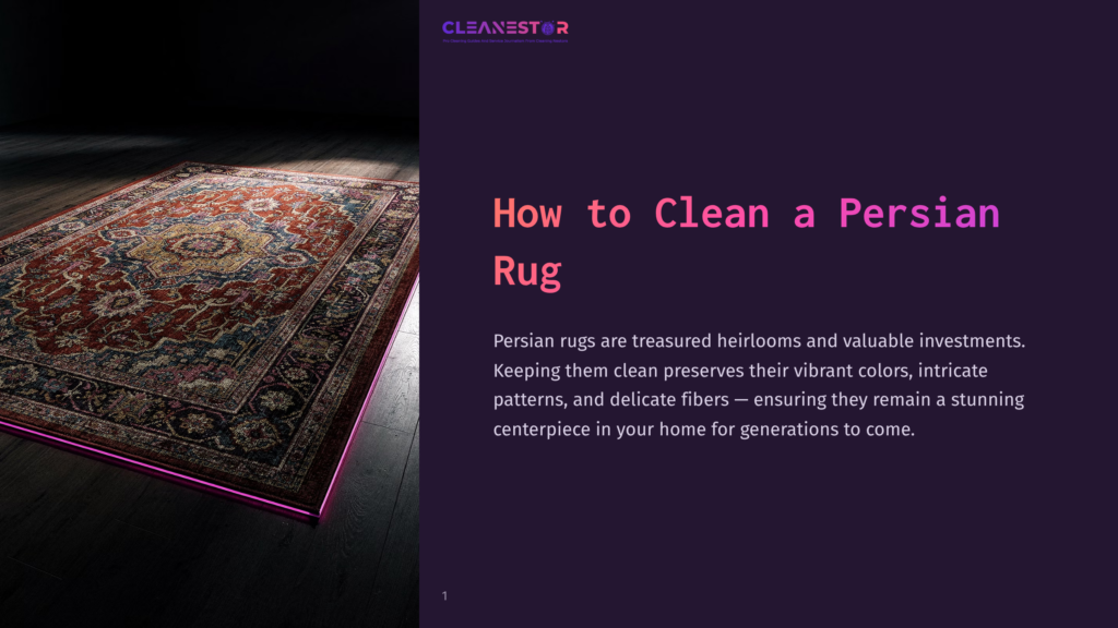 A Beautifully Intricate Persian Rug With Rich Red, Blue, And Gold Patterns Rests On A Dark Wooden Floor, Illuminated By Soft Lighting And A Vibrant Pink Neon Glow Around Its Edges. The Text &Quot;Cleanestor&Quot; And &Quot;How To Clean A Persian Rug&Quot; Is Visible.