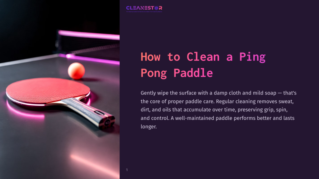 A Red Ping Pong Paddle Rests On A Dark Ping Pong Table, With A Neon Pink Light Reflecting On The Surface. &Quot;How To Clean A Ping Pong Paddle&Quot; Is Written In Large White And Pink Text On The Right Side Of The Image.