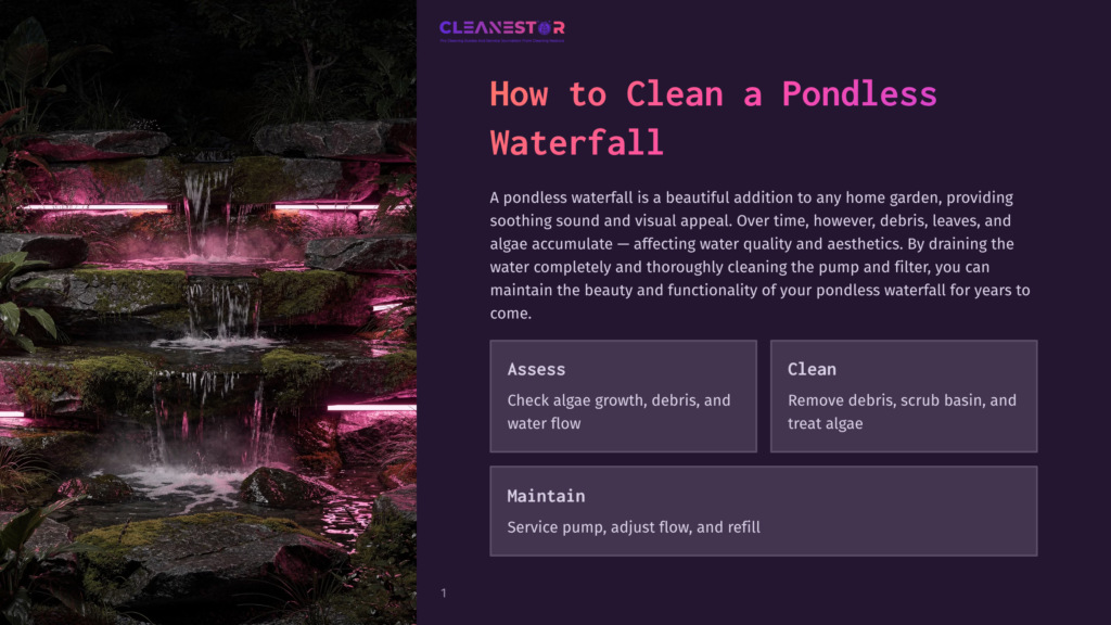 A Beautiful, Multi-Tiered Pondless Waterfall Cascades Down Dark Rocks, Illuminated By Vibrant Pink Led Lights, Creating A Serene Garden Feature.