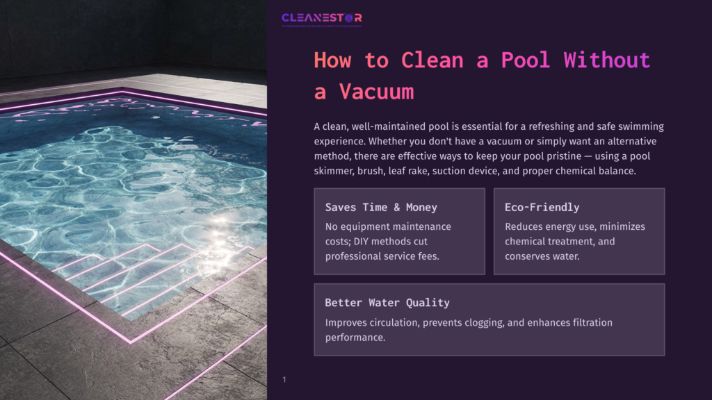 Cleanestor Logo Above A Graphic Of A Pool With Glowing Pink Lights, Promoting &Quot;How To Clean A Pool Without A Vacuum.