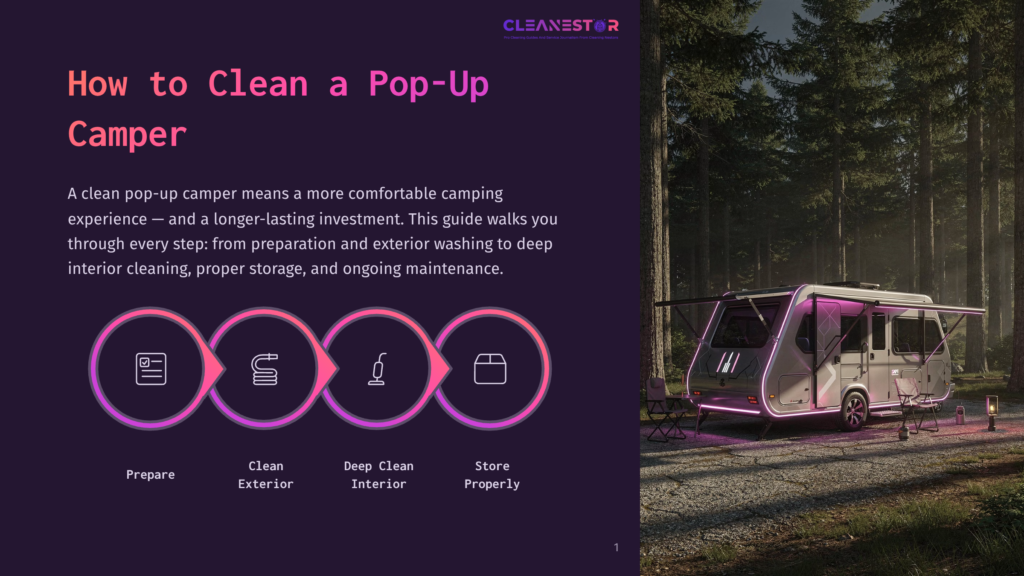 A Modern, Sleek Pop-Up Camper Is Set Up For Display In A Forest Clearing At Twilight, With Soft Pink And Purple Led Lights Illuminating The Exterior And Surrounding Area. The Image Features The Text &Quot;Cleanestor&Quot; And The Title &Quot;How To Clean A Pop-Up Camper,&Quot; Along With A Four-Step Visual Guide.