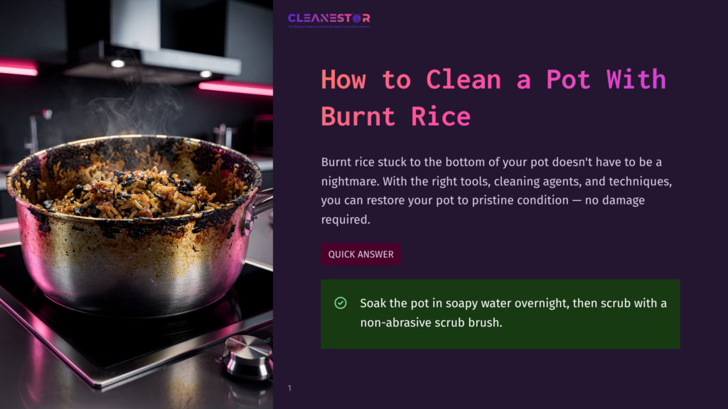 A Heavily Burnt, Blackened Pot Of Rice Sits On A Black Stovetop, With Steam Rising From The Charred Contents. The Title &Quot;How To Clean A Pot With Burnt Rice&Quot; Is Visible.