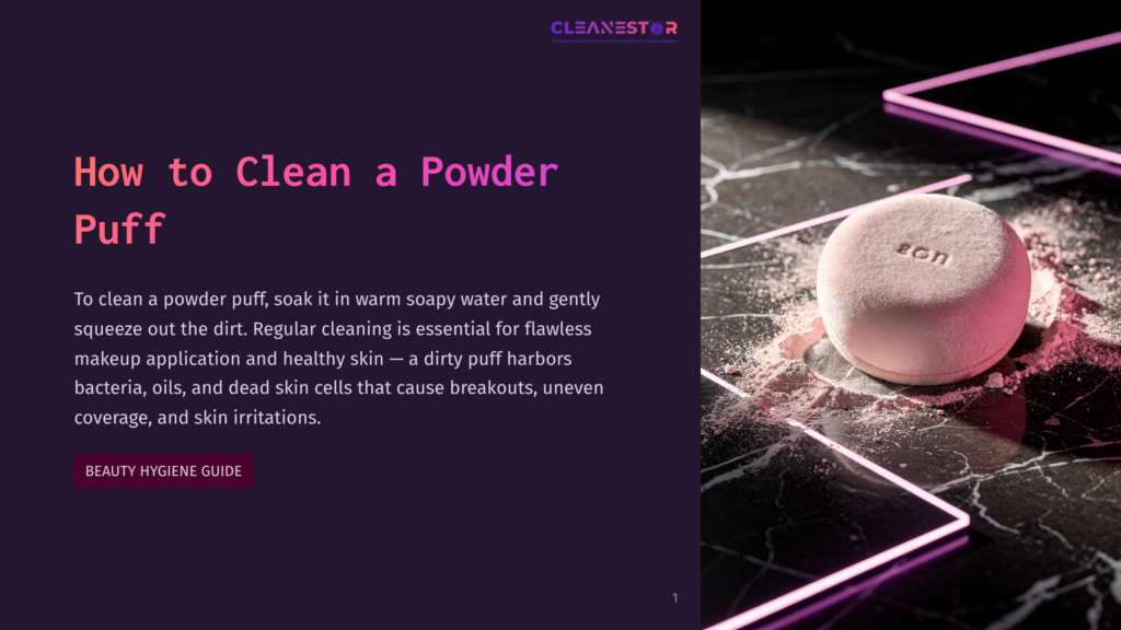 A Fluffy Pink Powder Puff Is Shown On A Dark, Marble-Like Surface With Neon Pink Geometric Lines, Surrounded By Scattered Pink Powder. The Text &Quot;Cleanestor&Quot; Is Visible At The Top.