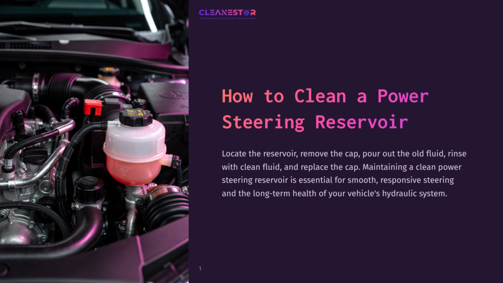 1 How To Clean A Power Steering Reservoir A Close-Up Of A Car Engine With A Power Steering Reservoir In Focus, Showing The Process Of Cleaning It With A Red Fluid, Against A Purple Background.