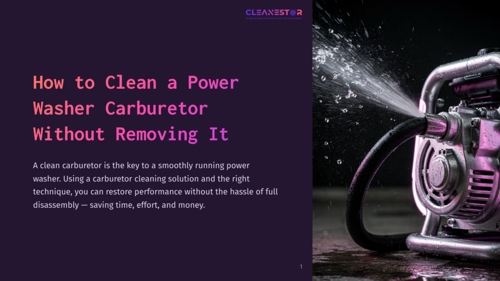 1 How To Clean A Power Washer Carburetor Without Removing It Close-Up Of A Power Washer Pump With Water Spraying From The Hose, On A Dark, Wet Surface. Text Overlay Reads &Quot;Cleanestor: How To Clean A Power Washer Carburetor Without Removing It&Quot;.