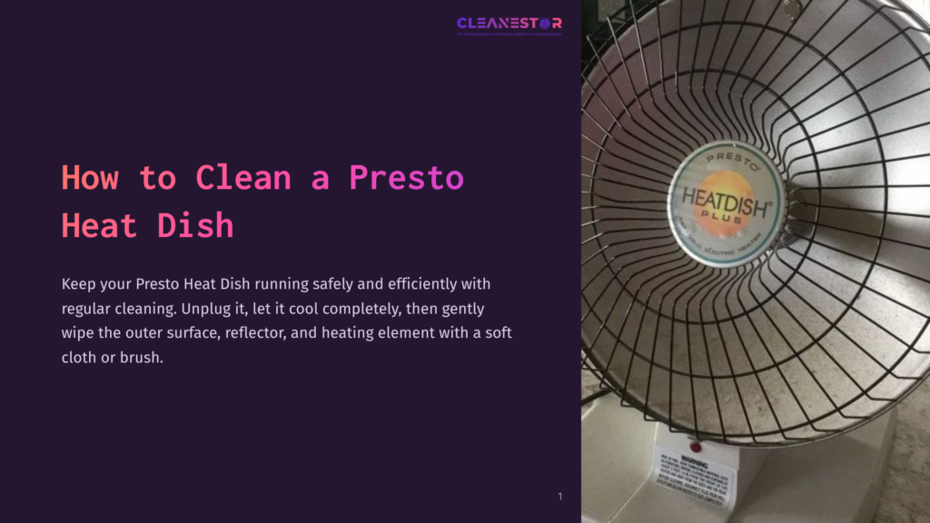 Close-Up Of A Presto Heat Dish Electric Heater, Showing The Metal Reflector Grid And The &Quot;Heatdish Plus&Quot; Logo.