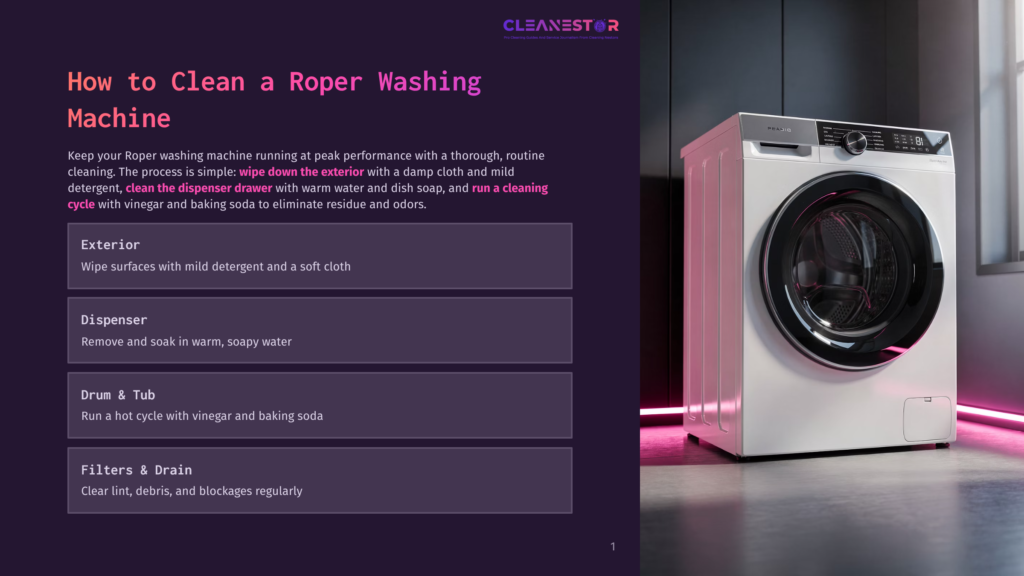 A Modern White Roper Washing Machine With A Black Door Sits On A Grey Floor, Illuminated By Pink Neon Lights. Text On The Left Side Of The Image Provides Instructions On How To Clean A Roper Washing Machine.