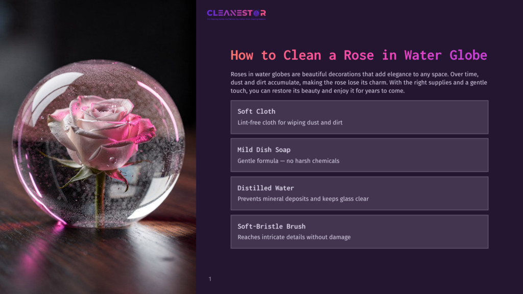 Close-Up Of A Delicate Pink And White Rose Preserved In A Clear Water Globe, Showing Intricate Details And Small Air Bubbles. The Cleanestor Logo Is Visible In The Top Left Corner.
