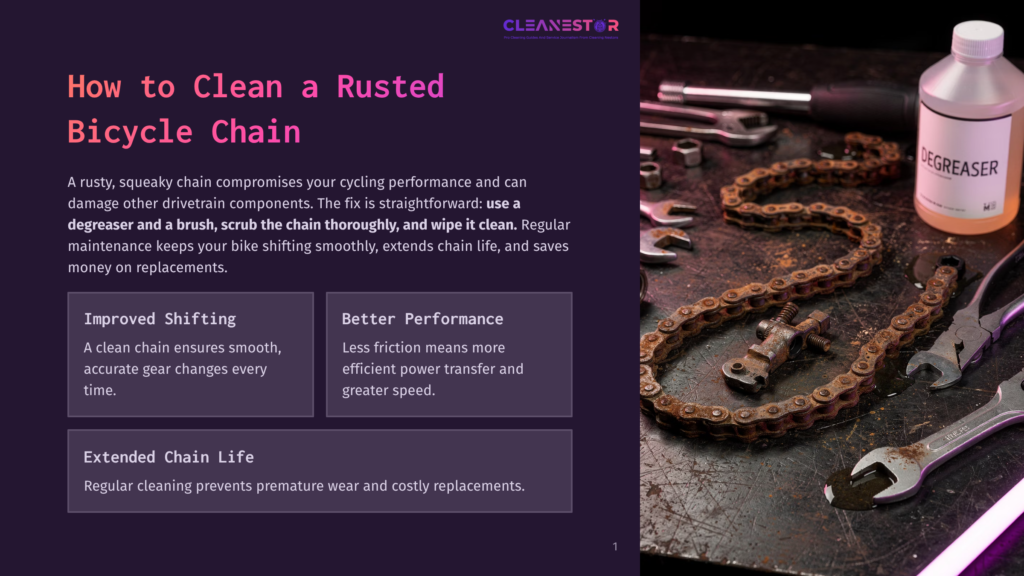 A Heavily Rusted Bicycle Chain Lies On A Workbench Next To A Bottle Of Degreaser, Wrenches, And Pliers, Illustrating How To Clean A Rusted Bicycle Chain.
