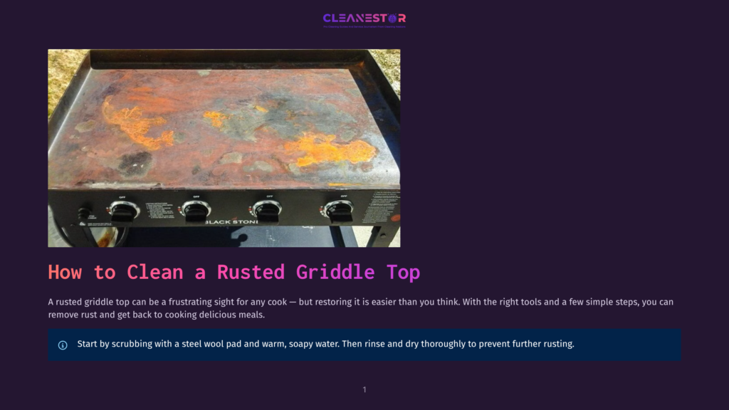 A Heavily Rusted Griddle Top With Orange And Brown Rust Patches, Showing The &Quot;Black Stone&Quot; Brand Name On The Control Panel, Sits Outdoors.
