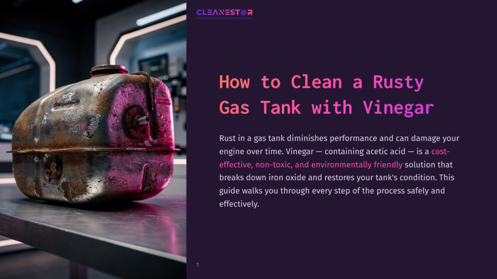 1 How To Clean A Rusty Gas Tank With Vinegar Close-Up Of A Heavily Rusted, Vintage Metal Gas Tank With A Dirty, Textured Surface. The Tank Is Shown In A Workshop Setting With Dramatic Lighting.