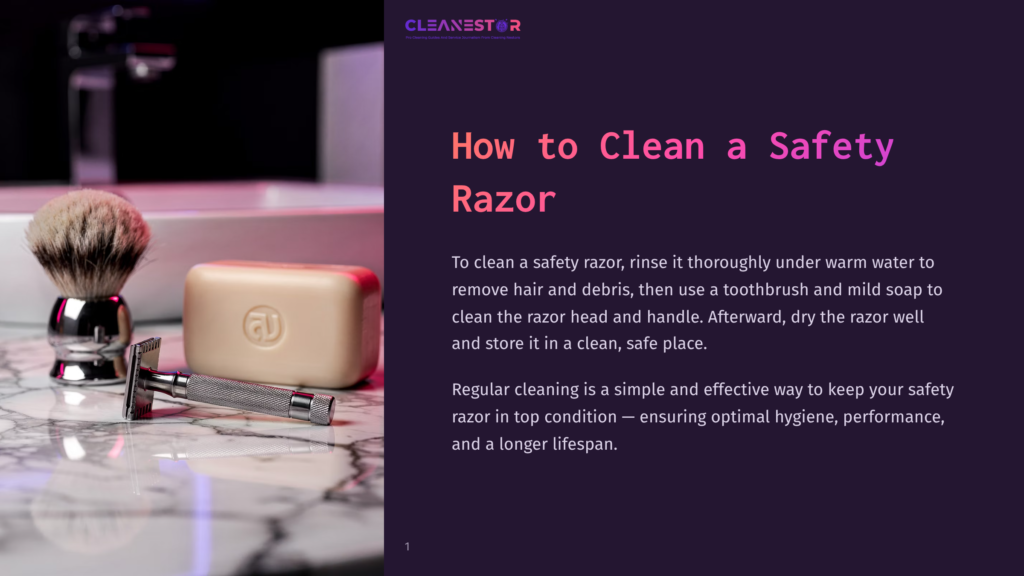 1 How To Clean A Safety Razor A Vintage Silver Safety Razor Rests On A Marble Countertop Next To A Shaving Brush And A Bar Of Soap, With The Cleanestor Logo At The Top.