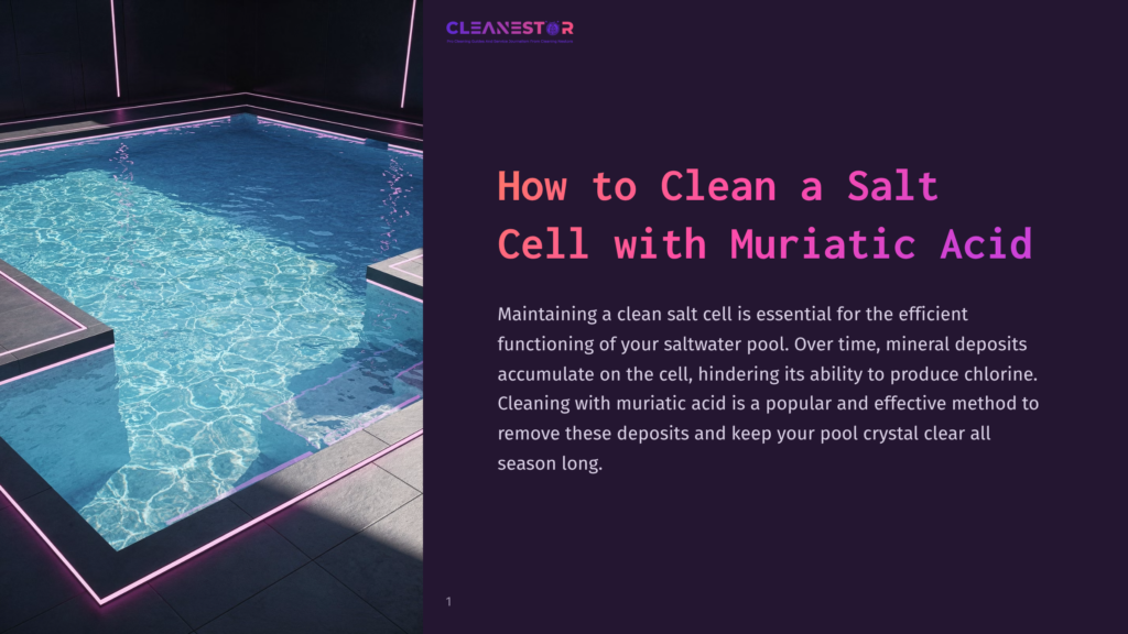 A Modern, Dimly Lit Indoor Swimming Pool With Clear Blue Water, Illuminated By Pink And Purple Led Lights. The Image Features Text: &Quot;Cleanestor&Quot; And &Quot;How To Clean A Salt Cell With Muriatic Acid&Quot;.