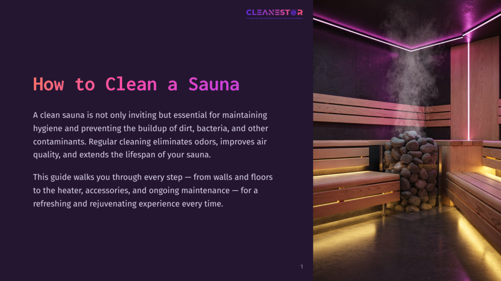 Interior Of A Modern, Steamy Sauna With Wooden Benches And Pink Led Lighting. The Text &Quot;How To Clean A Sauna&Quot; Is Prominently Displayed On The Left.