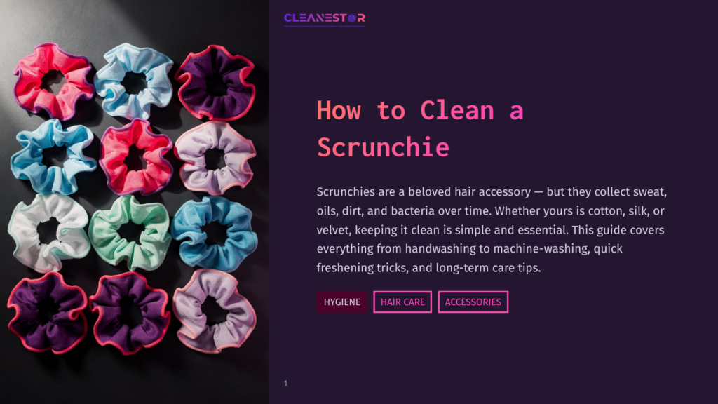 A Grid Of Colorful Scrunchies In Shades Of Pink, Purple, Blue, And White, Arranged On A Dark Background. The Header Text &Quot;How To Clean A Scrunchie&Quot; Is Visible.
