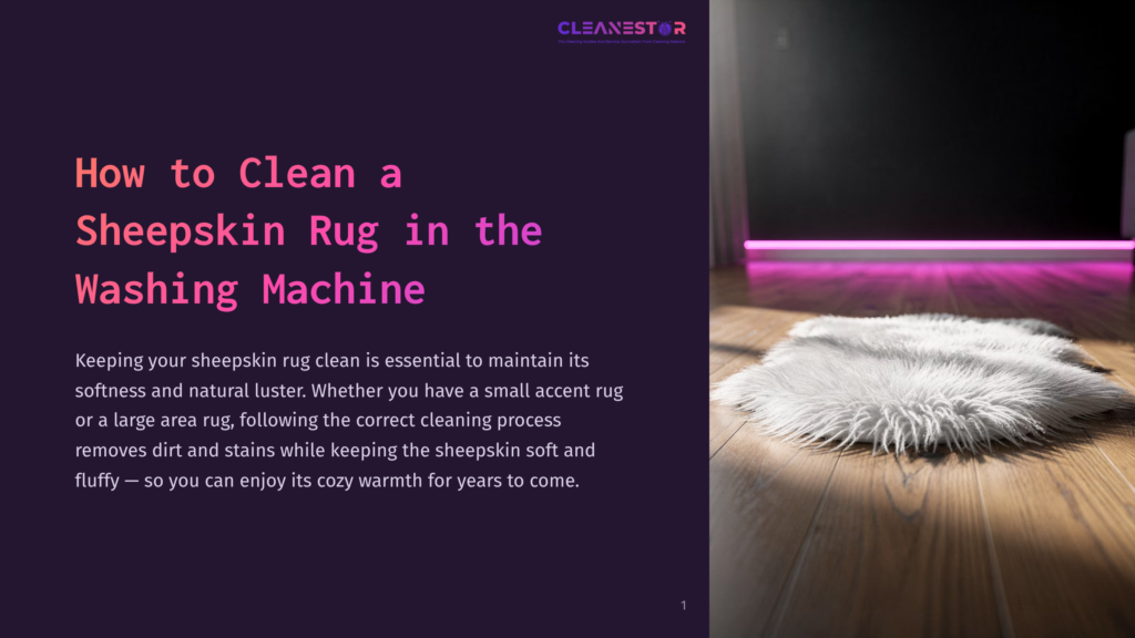 A Fluffy White Sheepskin Rug Lies On A Polished Wooden Floor, Catching The Warm Glow Of Pink Ambient Lighting. The Text &Quot;How To Clean A Sheepskin Rug In The Washing Machine&Quot; Is Overlaid On A Dark Background.