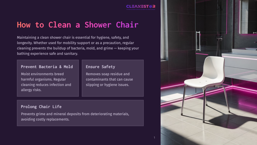 A Modern White Shower Chair Sits In A Sleek, Contemporary Bathroom With Dark Grey Tiled Walls And Floor, Illuminated By Vibrant Pink Led Lighting.