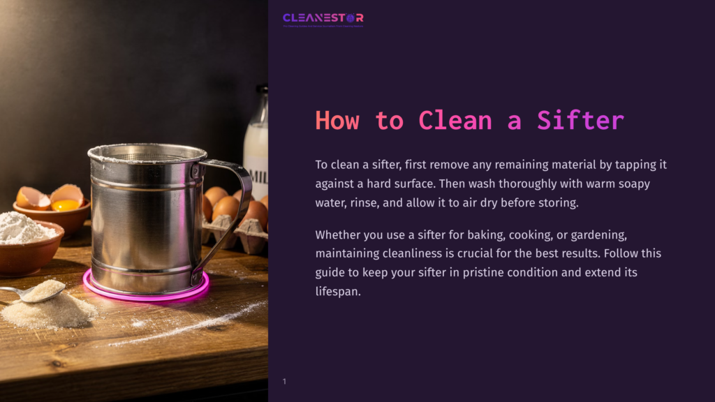 A Metal Sifter With A Pink Glow Sits On A Wooden Surface Dusted With Flour And Sugar, Next To A Bowl Of Eggs And A Bottle Of Milk. Text Reads &Quot;How To Clean A Sifter&Quot;.
