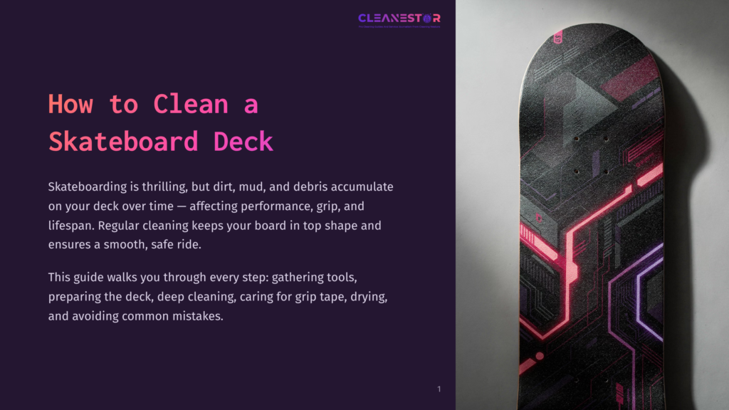 A Skateboard Deck With A Futuristic, Neon Circuit Board Design In Pink And Blue, Displayed Vertically Against A Dark Purple Background. The Text &Quot;How To Clean A Skateboard Deck&Quot; Is Prominently Featured On The Left.