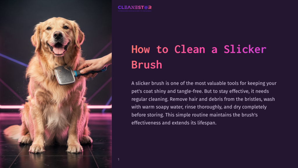 1 How To Clean A Slicker Brush Golden Retriever Dog Sits Happily As A Hand Uses A Slicker Brush On Its Fur, With The Text &Quot;How To Clean A Slicker Brush&Quot; Visible.