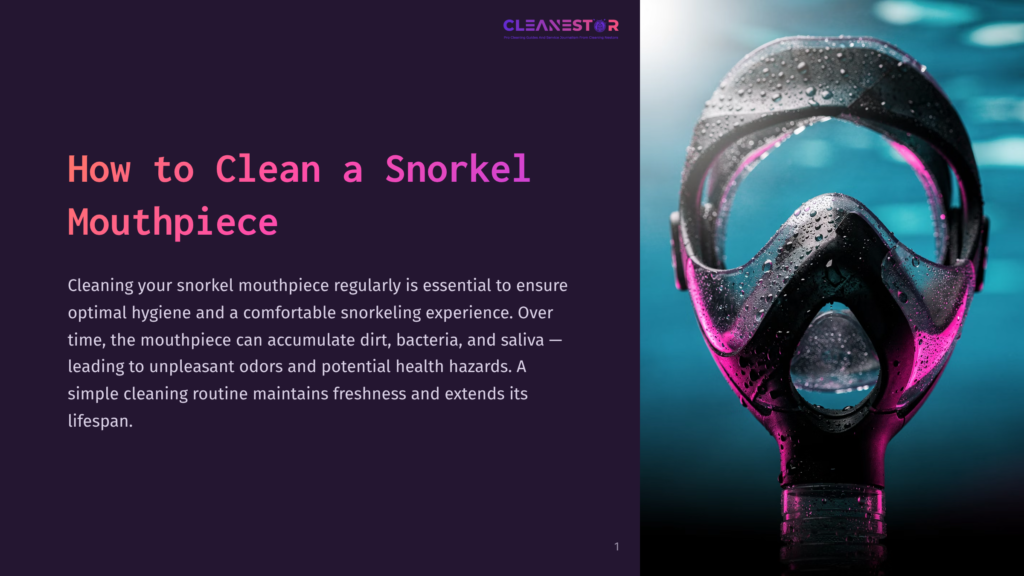 1 How To Clean A Snorkel Mouthpiece Close-Up Of A Black Snorkel Mask With Water Droplets, Illuminated By Pink And Blue Light, With Text &Quot;How To Clean A Snorkel Mouthpiece&Quot; On The Left.