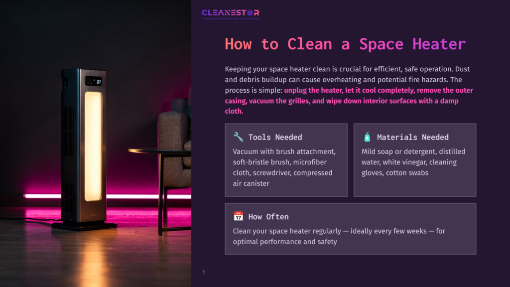 A Tall, Slim, Modern Space Heater With A Digital Display Glows With A Warm Light In A Dimly Lit Room, Next To A Plush Armchair And A Small Table. The Cleanestor Logo Is Visible At The Top.