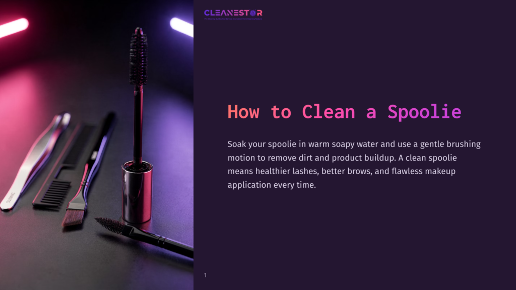 How To Clean A Spoolie&Quot; Title Card With A Mascara Wand, Tweezers, And Comb On A Dark, Glossy Surface, Illuminated By Neon Pink And Purple Lights.