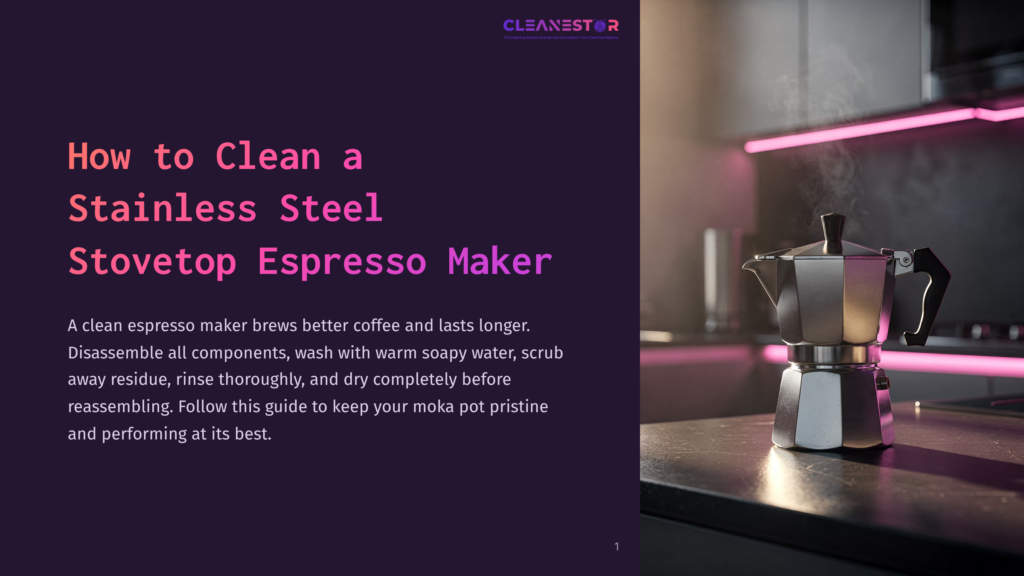 1 How To Clean A Stainless Steel Stovetop Espresso Maker A Stainless Steel Stovetop Espresso Maker, Or Moka Pot, Steams On A Dark Countertop In A Modern Kitchen With Pink Neon Accents. Text Reads &Quot;Cleanestor&Quot; And &Quot;How To Clean A Stainless Steel Stovetop Espresso Maker&Quot;.