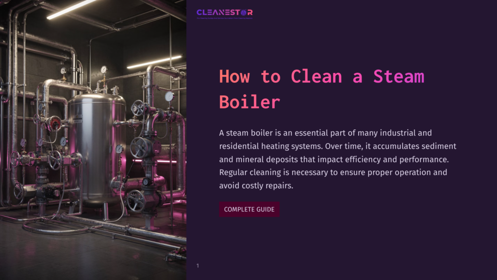 A Complex Industrial Steam Boiler System With Intricate Piping, Valves, And A Large Silver Tank, Illuminated By Dramatic Pink Lighting. The Text &Quot;Cleanestor&Quot; And &Quot;How To Clean A Steam Boiler&Quot; Is Visible.
