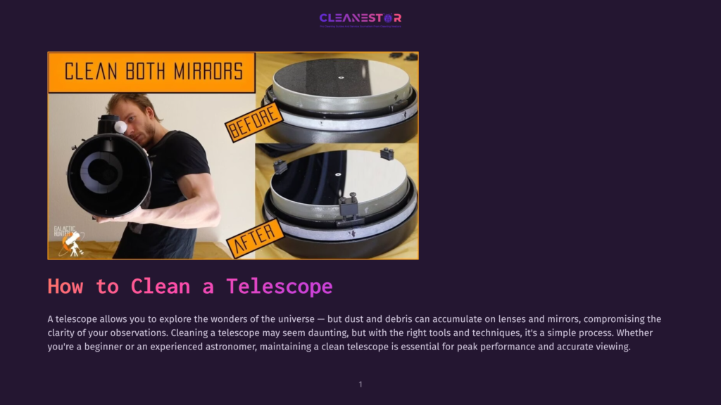 Comparison Of A Telescope Mirror Before And After Cleaning, Showing A Dramatic Difference In Clarity. Text Overlay Reads: &Quot;Clean Both Mirrors&Quot; And &Quot;How To Clean A Telescope&Quot;.