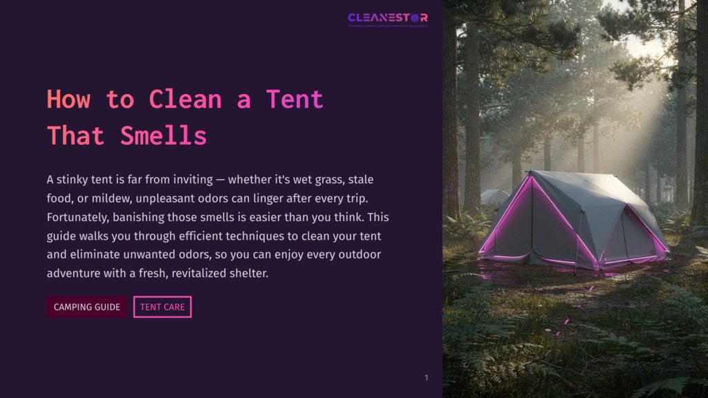 A Modern, Grey Tent Glows With Pink Neon Lights In A Misty, Sun-Dappled Forest At Dusk. The Text &Quot;How To Clean A Tent That Smells&Quot; Is Overlaid On The Left.