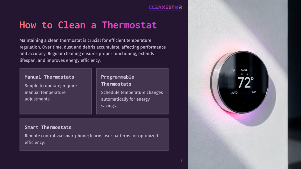 1 How To Clean A Thermostat Close-Up Of A Modern, Circular Smart Thermostat Displaying A Temperature Of 72 Degrees Fahrenheit, With A Pink And Purple Glow Emanating From Its Base. Text Overlays Discuss How To Clean A Thermostat For Efficient Temperature Regulation.