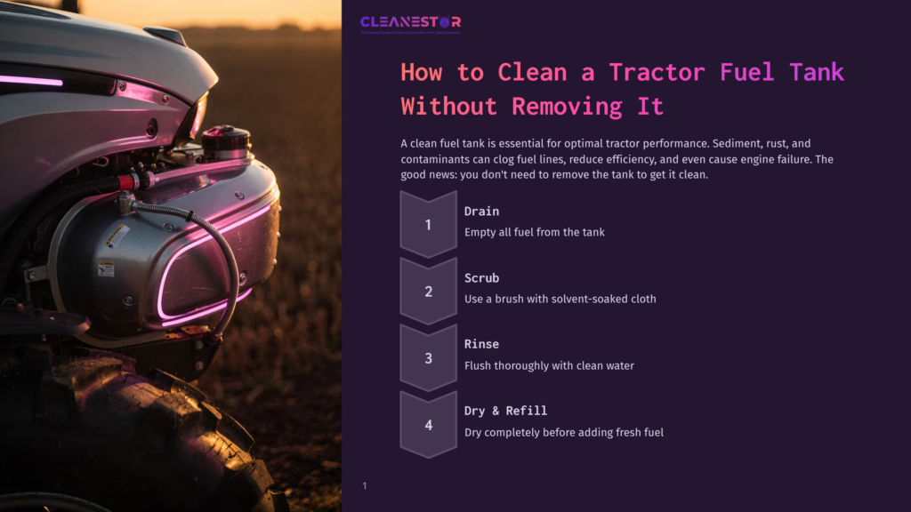 Close-Up Of A Tractor'S Fuel Tank, Illuminated By Purple Light Against A Sunset Background. Text Overlay Reads &Quot;Cleanestor&Quot; And &Quot;How To Clean A Tractor Fuel Tank Without Removing It&Quot;.