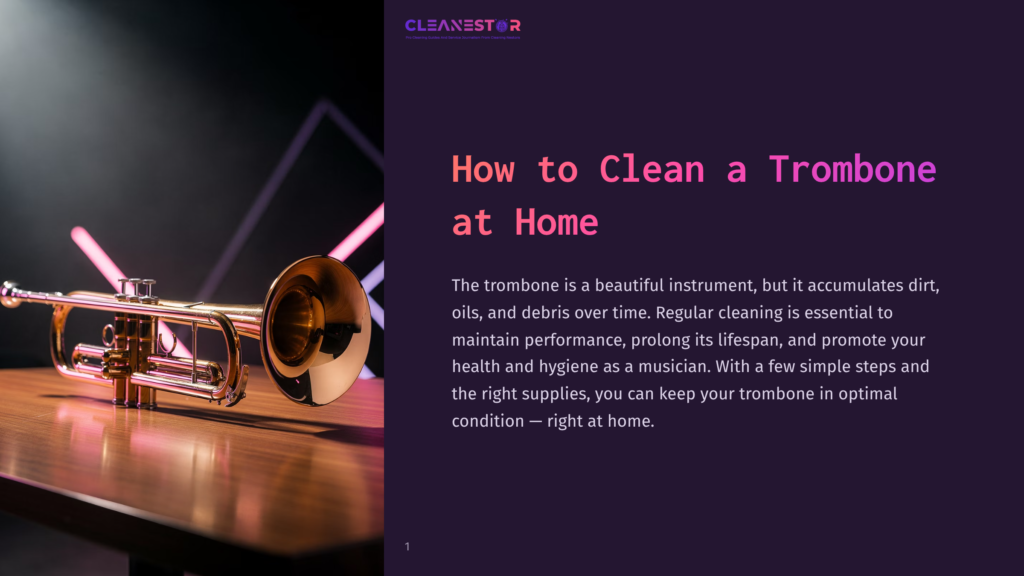 1 How To Clean A Trombone At Home Golden Trombone Resting On A Wooden Table, With Blurred Pink Neon Lights In The Background. The Cleanestor Logo And The Title &Quot;How To Clean A Trombone At Home&Quot; Are Visible On The Right.