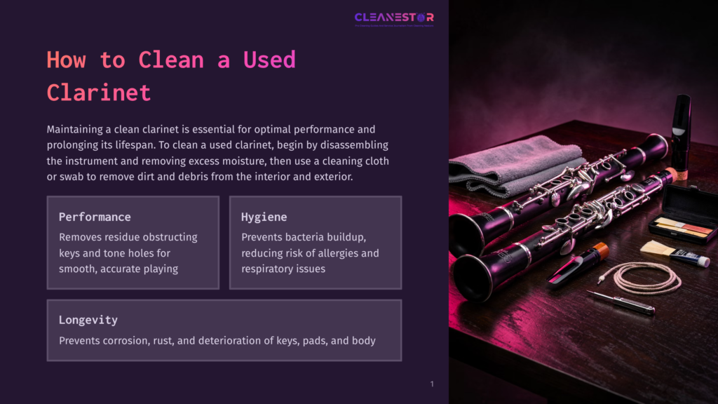 Close-Up Of A Used Clarinet Disassembled On A Dark Wooden Surface, With Cleaning Cloths And Tools. The Image Highlights Cleaning A Used Clarinet For Performance And Longevity.
