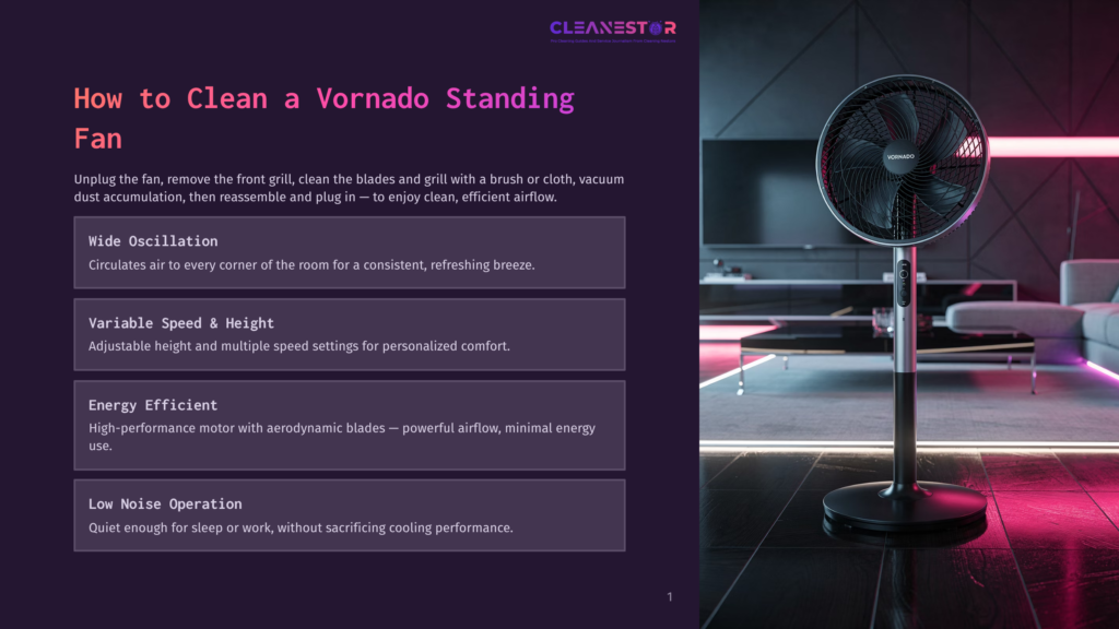 A Vornado Standing Fan With Wide Oscillation, Variable Speed, And Height, And Low Noise Operation Is Shown In A Modern Living Room With Pink And Purple Lighting.