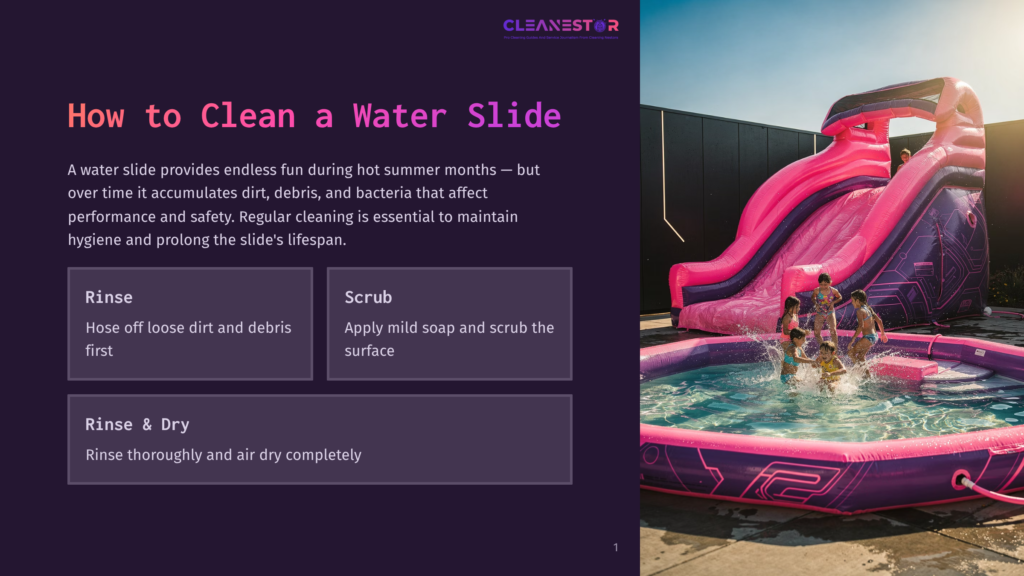 A Vibrant Pink Inflatable Water Slide With Purple Accents Curves Into A Blue Pool Where Children Are Splashing. The Background Shows A Sunny Outdoor Setting.