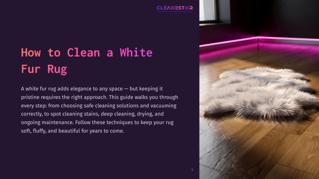 1 How To Clean A White Fur Rug A Fluffy White Sheepskin Rug Lies On A Polished Wooden Floor, Illuminated By A Neon Pink Light Strip Along The Wall. The Text &Quot;Cleanestor&Quot; Is Visible At The Top Of The Image.