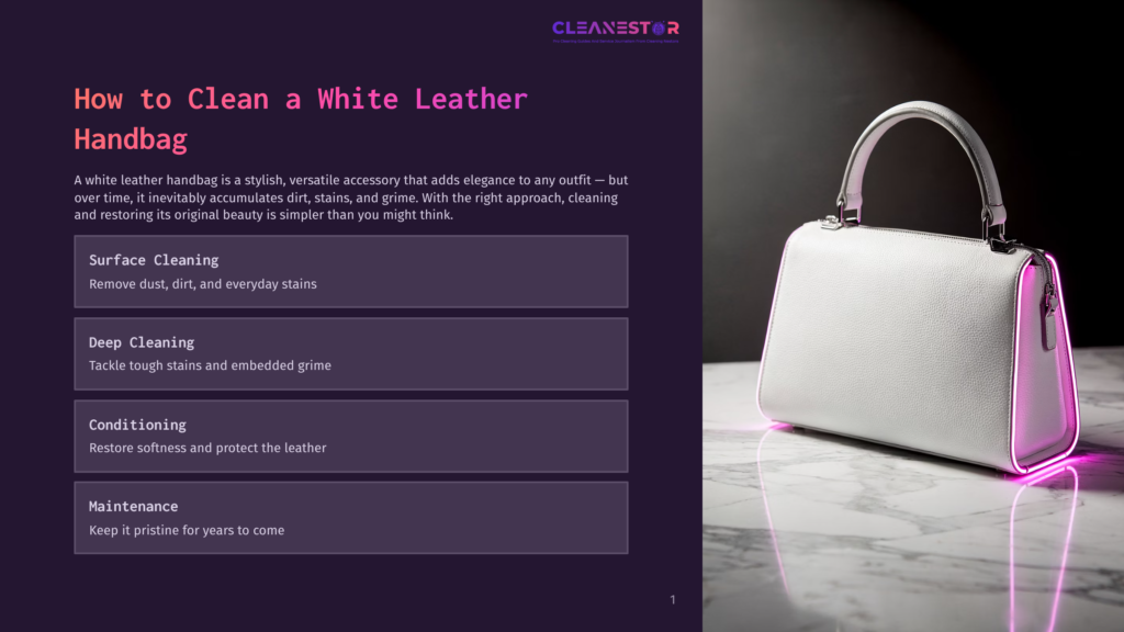 1 How To Clean A White Leather Handbag A Luxurious White Leather Handbag With Pink Neon Light Accents Sits On A Marble Surface, Showcasing The &Quot;How To Clean A White Leather Handbag&Quot; Guide.