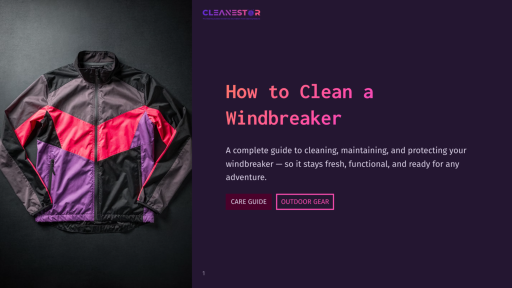 A Colorful Windbreaker Jacket With Purple, Pink, And Gray Panels Lies Flat On A Dark Surface. The Text &Quot;Cleanestor&Quot; And &Quot;How To Clean A Windbreaker&Quot; Is Visible.