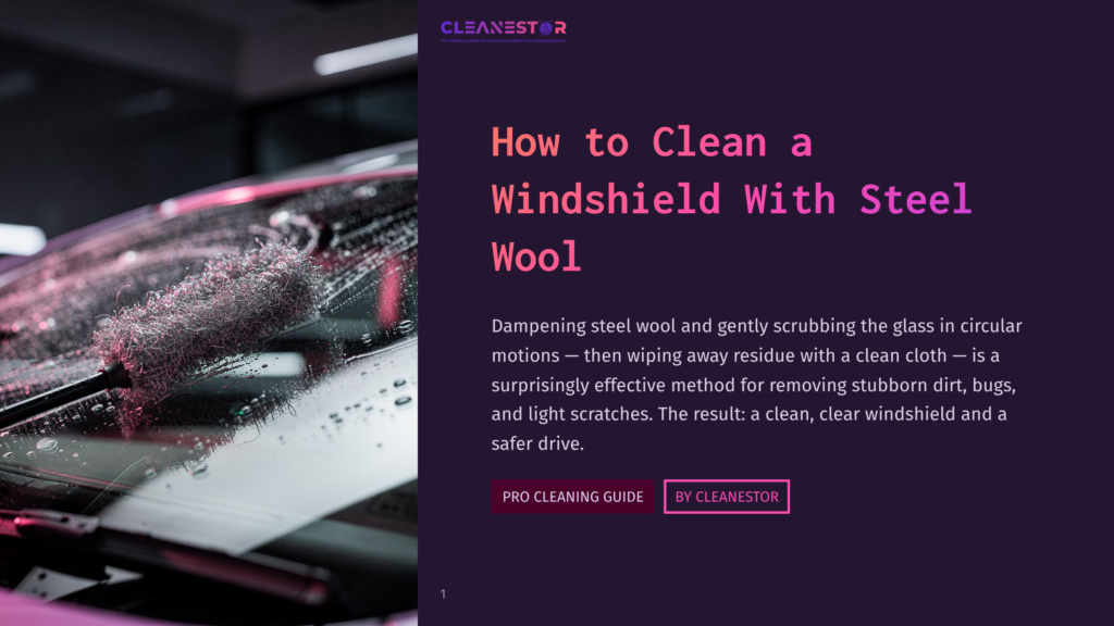 A Close-Up Shot Shows A Steel Wool Pad Being Used To Clean A Wet Car Windshield, With Suds And Water Droplets Visible On The Glass. The Text &Quot;Cleanestor&Quot; Is Displayed At The Top Left.