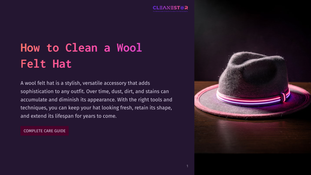 A Dark Grey Wool Felt Fedora Hat With A Colorful Striped Band Sits On A Dark Wooden Surface, Illuminated By Soft Lighting. Text On The Left Reads &Quot;How To Clean A Wool Felt Hat&Quot; And &Quot;Complete Care Guide&Quot;.