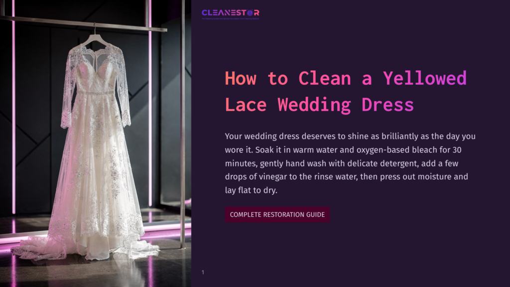 1 How To Clean A Yellowed Lace Wedding Dress A Delicate White Lace Wedding Dress Hangs On A Mannequin In A Dimly Lit Room, With A Guide Titled &Quot;How To Clean A Yellowed Lace Wedding Dress&Quot; On The Right.