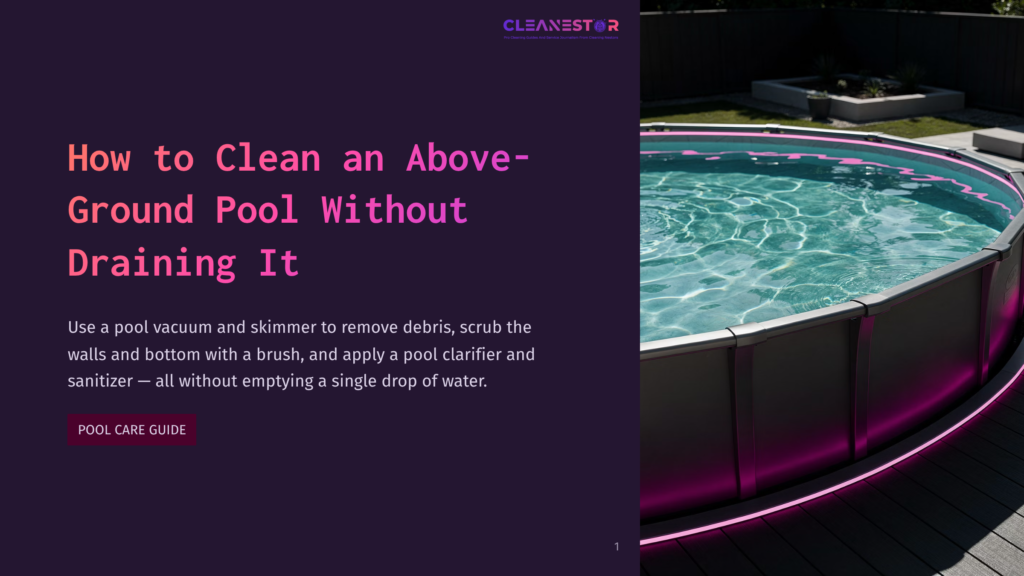 Above-Ground Pool With Pink Led Lighting At Night, Clean Water, And A Pool Vacuum In The Corner.
