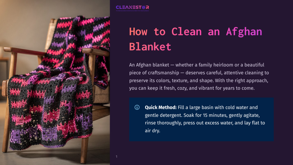 A Colorful Handmade Crocheted Afghan Blanket In Shades Of Pink, Purple, And Black Is Draped Over A Wooden Chair. The Text &Quot;Cleanestor&Quot; And &Quot;How To Clean An Afghan Blanket&Quot; Is Visible.