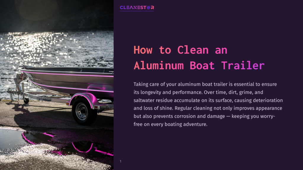 A Sleek Aluminum Boat Trailer With A Purple Accent Is Parked Near A Body Of Water, Reflecting The Shimmering Sunlight. A Text Overlay Reads &Quot;How To Clean An Aluminum Boat Trailer&Quot; In Bold, White Font.